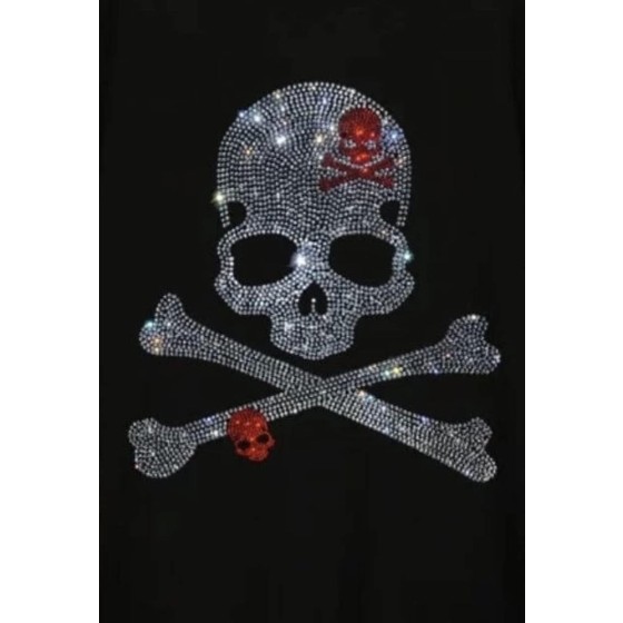 Crossbones Skull with Red Skull Iron On AB Crystal Rhinestone Bling Design