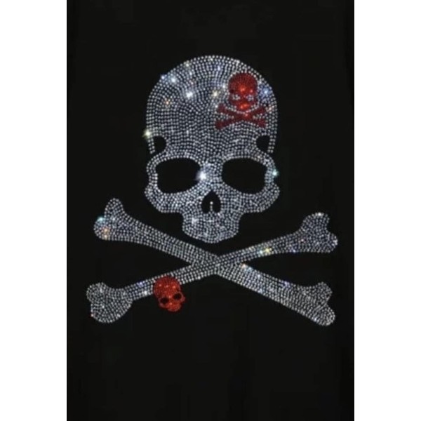 Crossbones Skull with Red Skull Iron On AB Crystal Rhinestone Bling Design