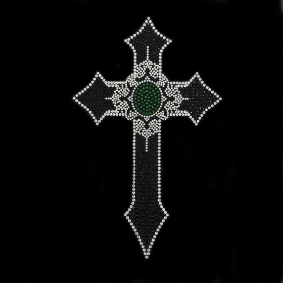 Black Emerald Rhinestone Cross Iron On Heat Transfer Bling Design