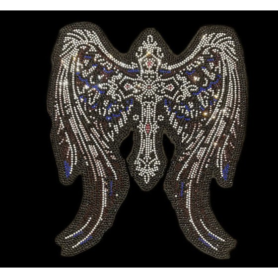 Cross with Angel Wings Iron On Heat Transfer Rhinestone Bling Patch Design