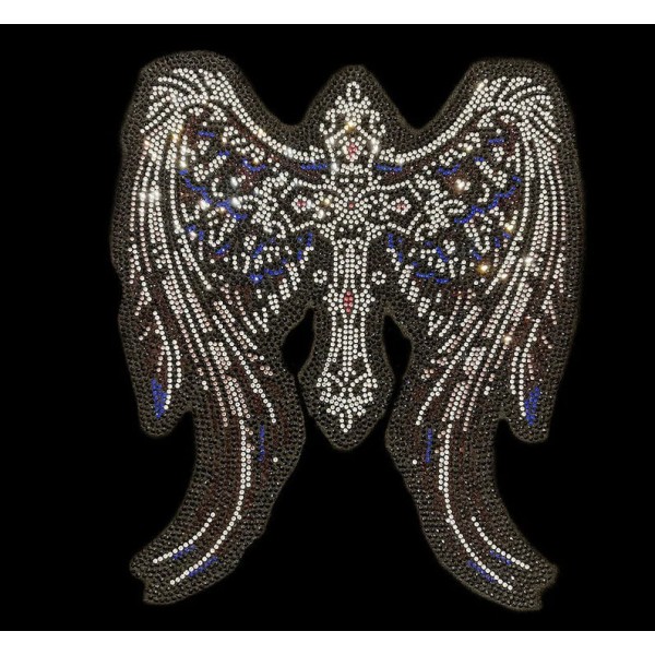 Cross with Angel Wings Iron On Heat Transfer Rhinestone Bling Patch Design