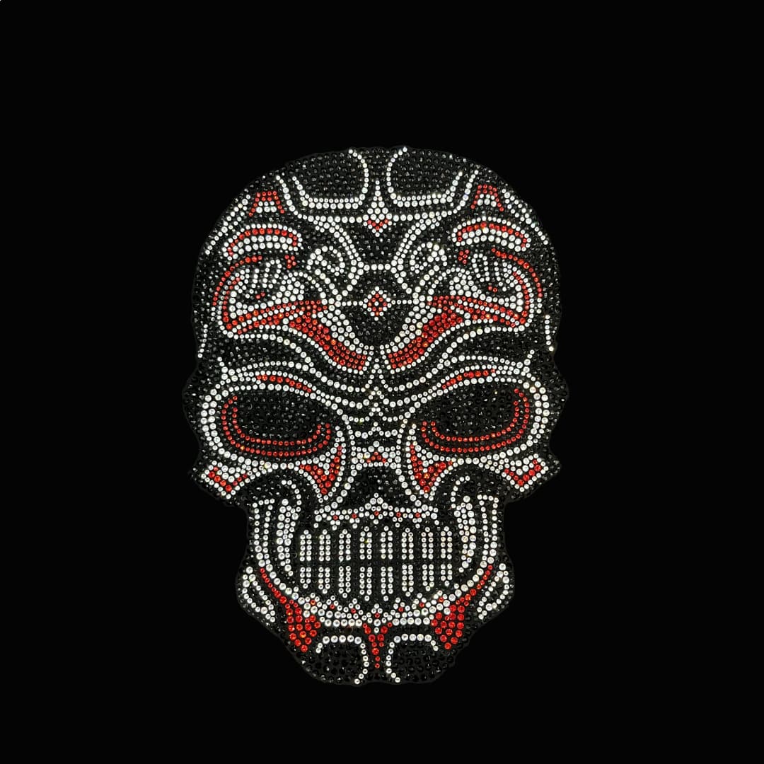 Black skull rhinestone iron-on heat transfer example